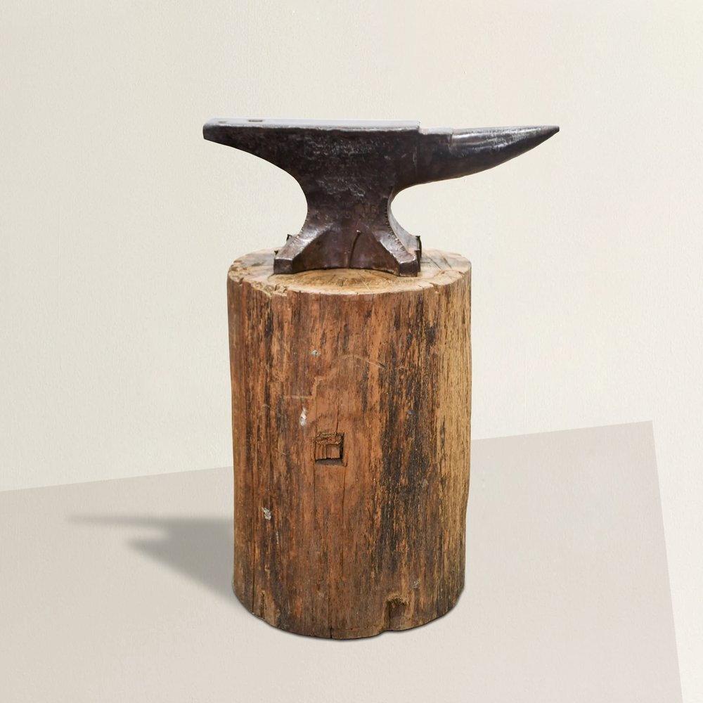 19th Century American Blacksmith's Anvil on Tree Stump Pedestal — RIGHT